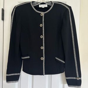 Vintage 80's St.John Zig-Zag Trim Black/Ivory Santana Knit Button Front Jacket